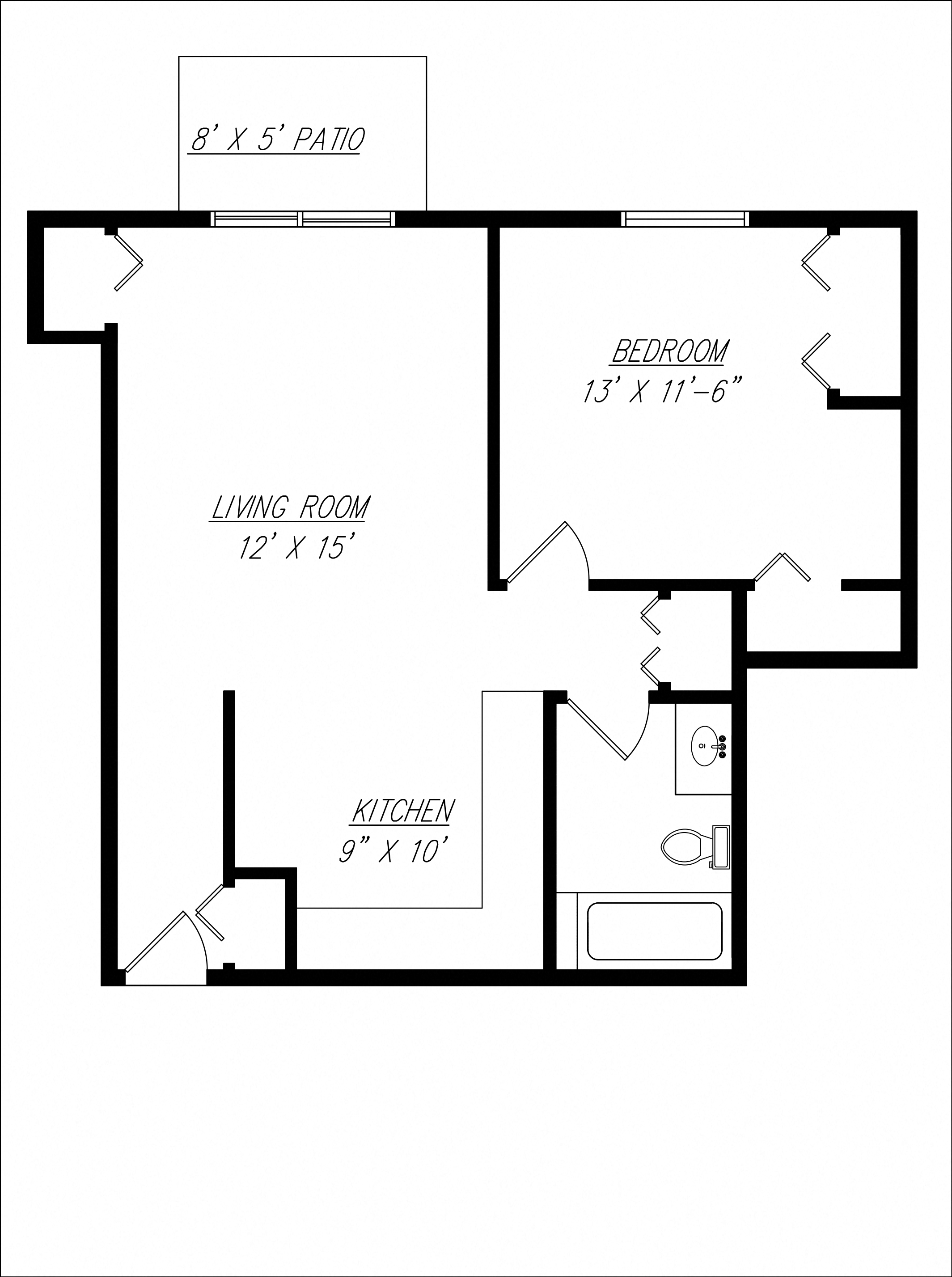 Floor plan for 1 bed, 1 bath